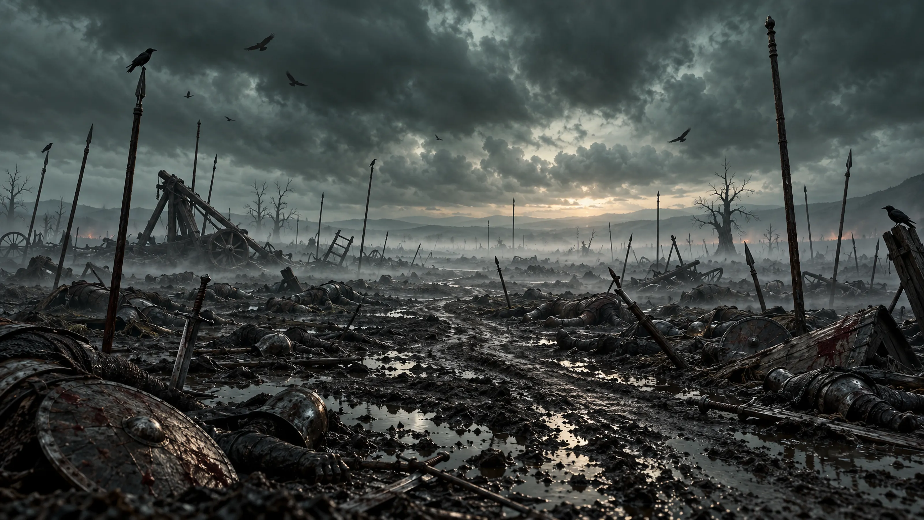 A battlefield at dusk, strewn with broken weapons, fallen soldiers and ravens, under a storm sky.