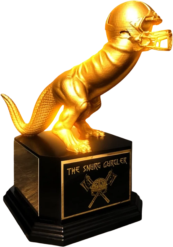 The Snurg Gurgler trophy: a golden T-Rex in a football helmet on a black plinth